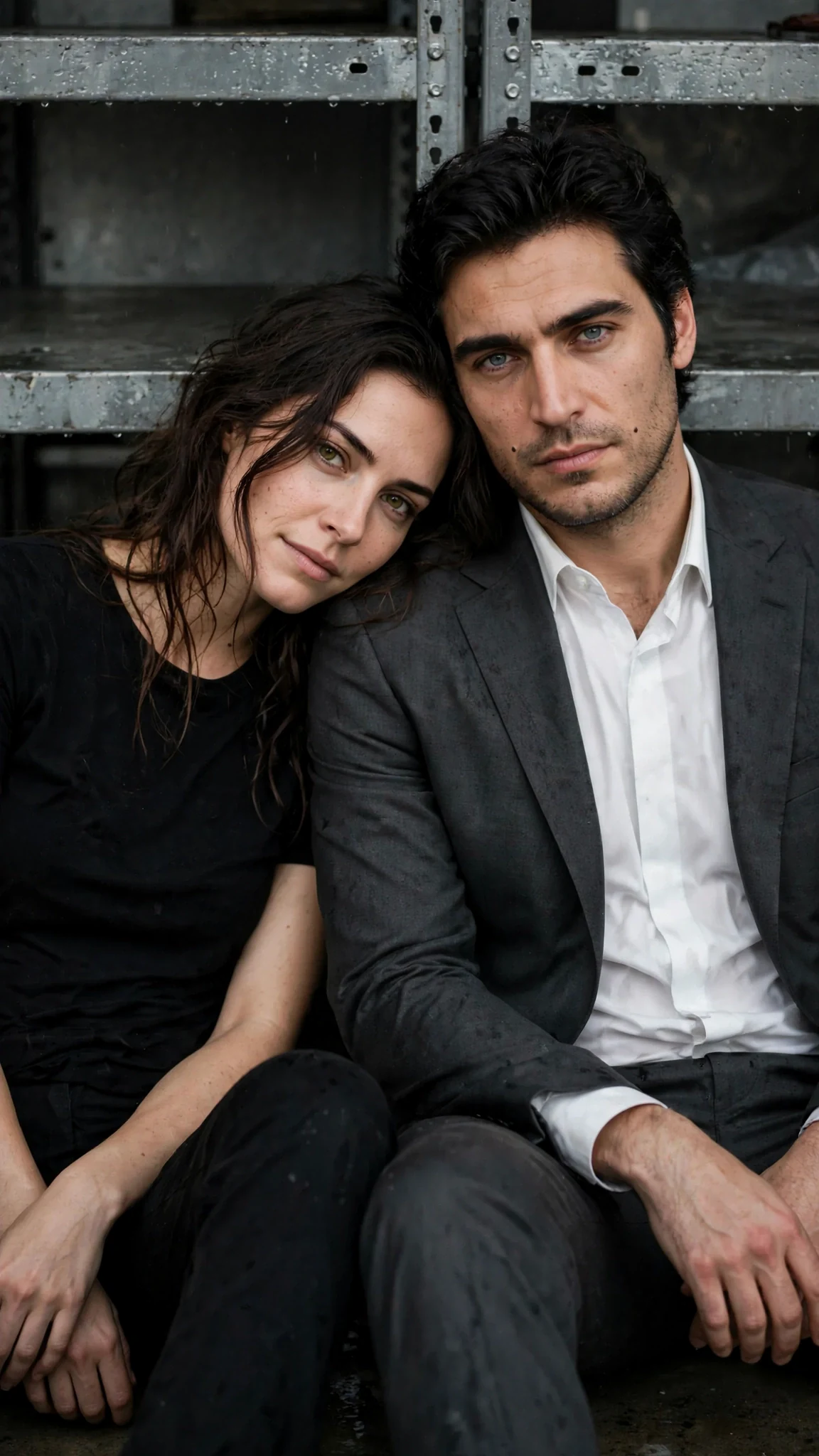 Two people sit on a wet archive floor with their backs to the shelves.