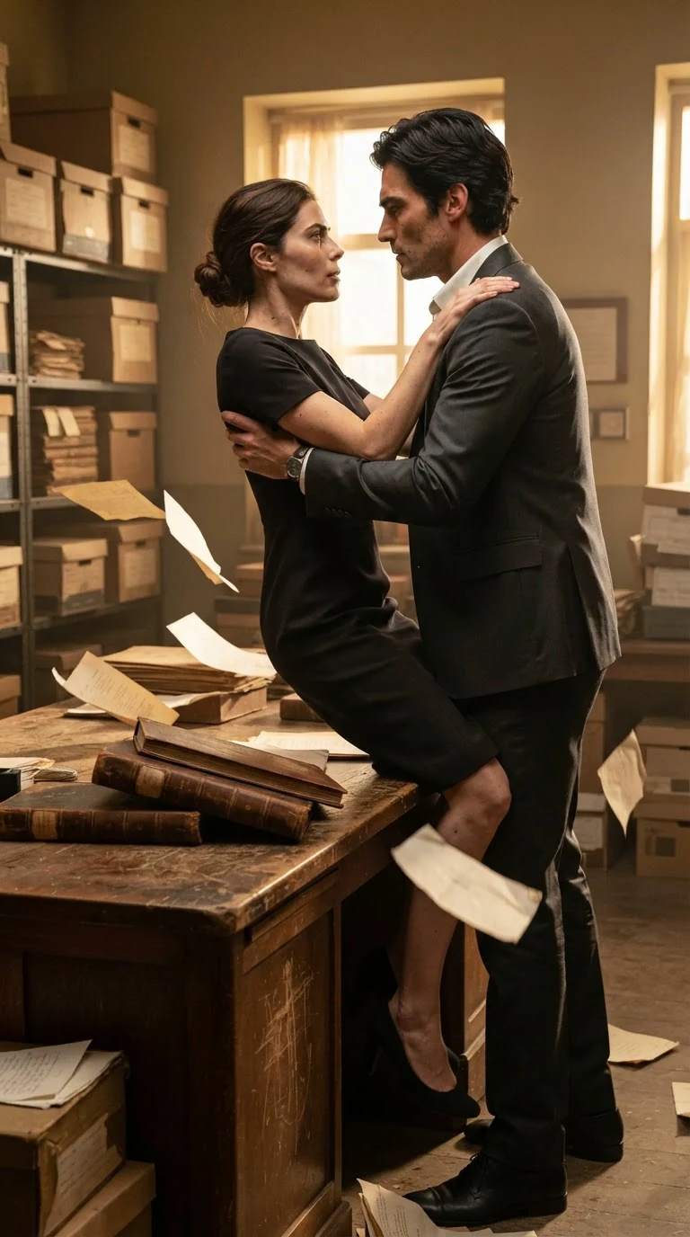 A man lifts a woman onto an archive desk as ledgers slide off the edge.