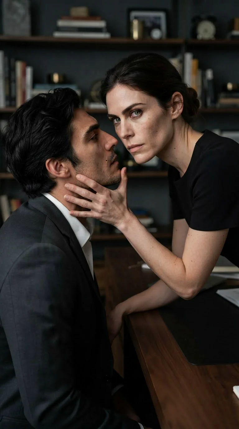 A woman holds a man's jaw and looks into his eyes on an archive desk.
