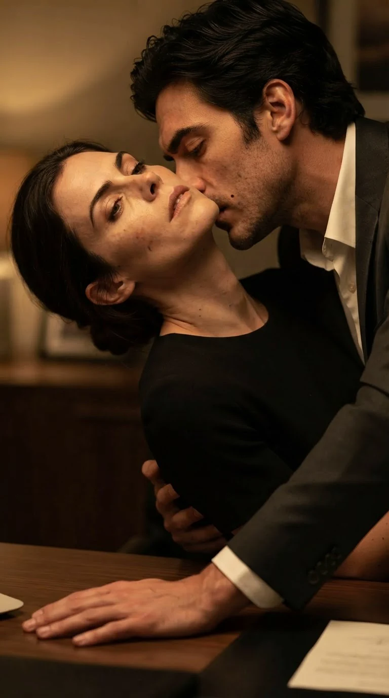 A man kisses a woman's throat as she tips her head back on a desk.