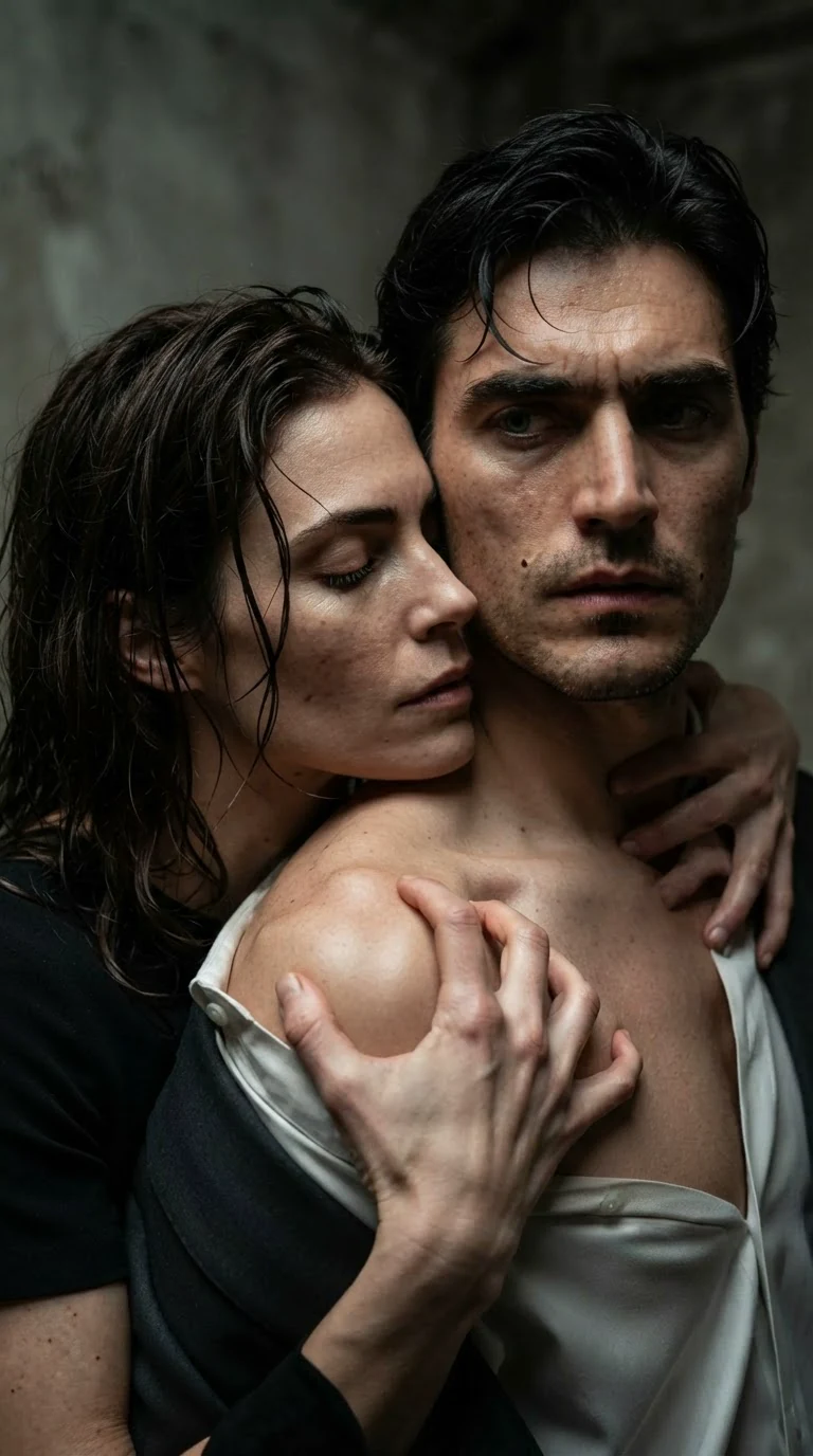 A woman grips a man's shoulder and presses her face to his throat.