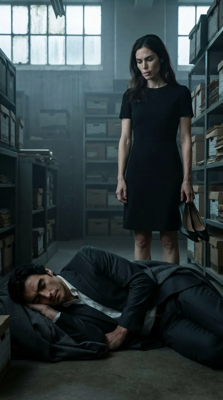 A woman stands over a sleeping man in a gray dawn archive, shoes in her hand.