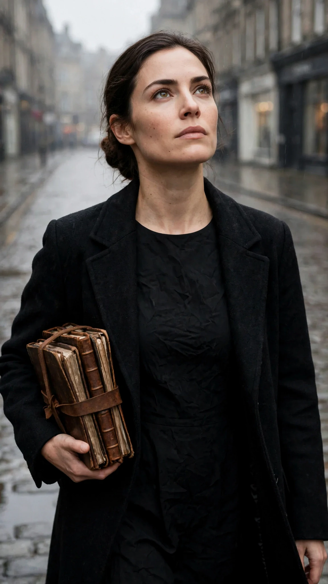 A woman in a wrinkled black dress walks into a wet gray dawn street with ledgers under her coat.