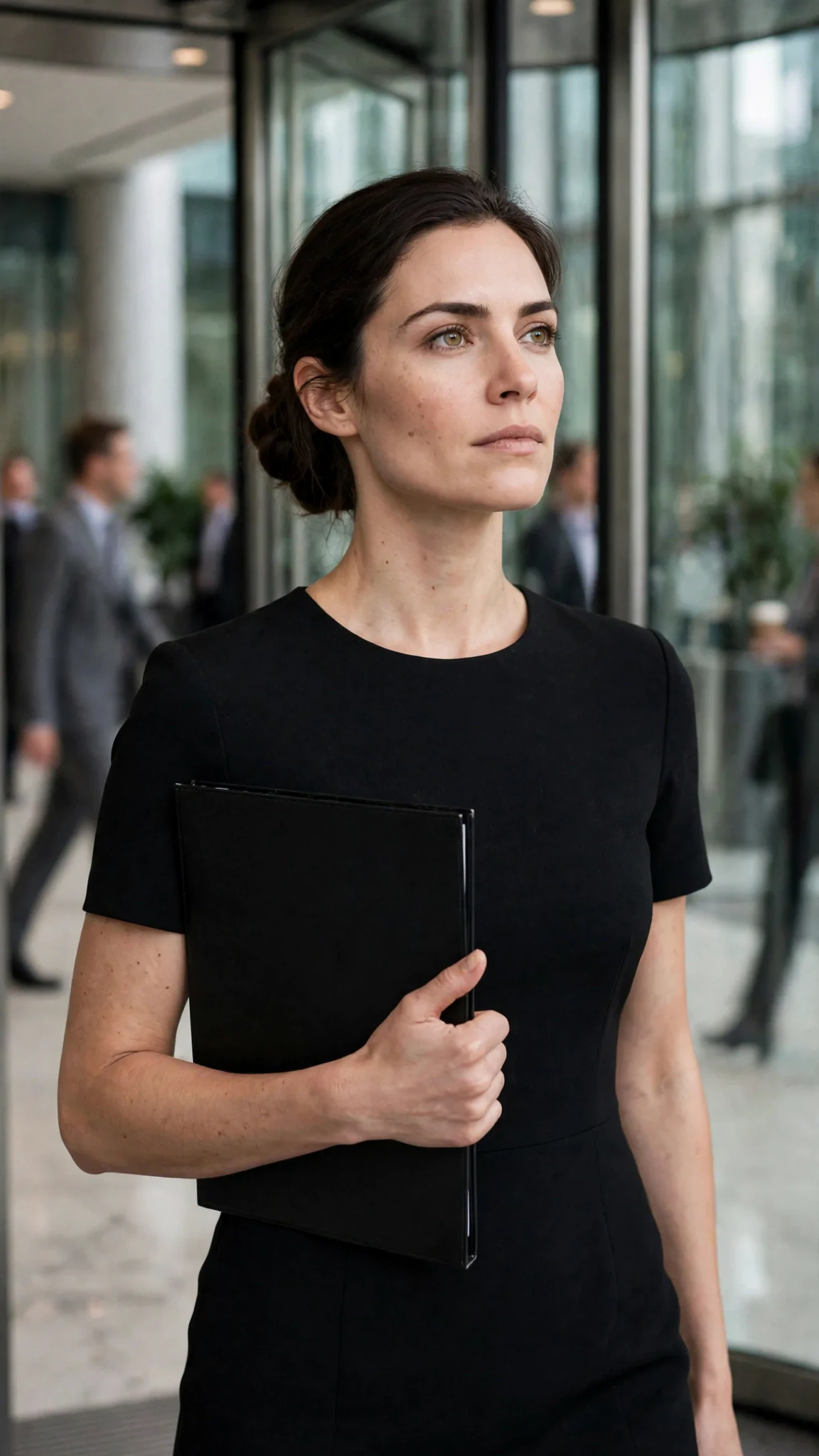 A dark-haired woman in a black dress walks into a glass office tower, holding a slim folder.