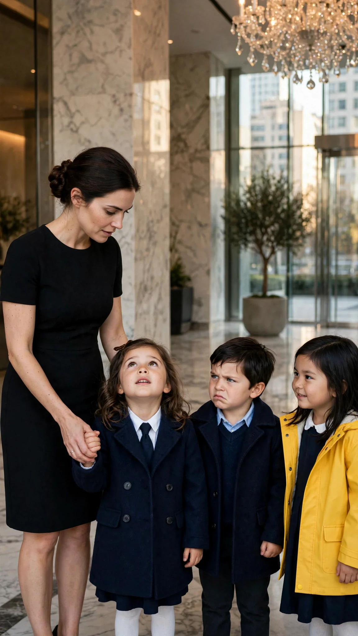 A woman in black stands in a grand lobby with three small children in neat coats.