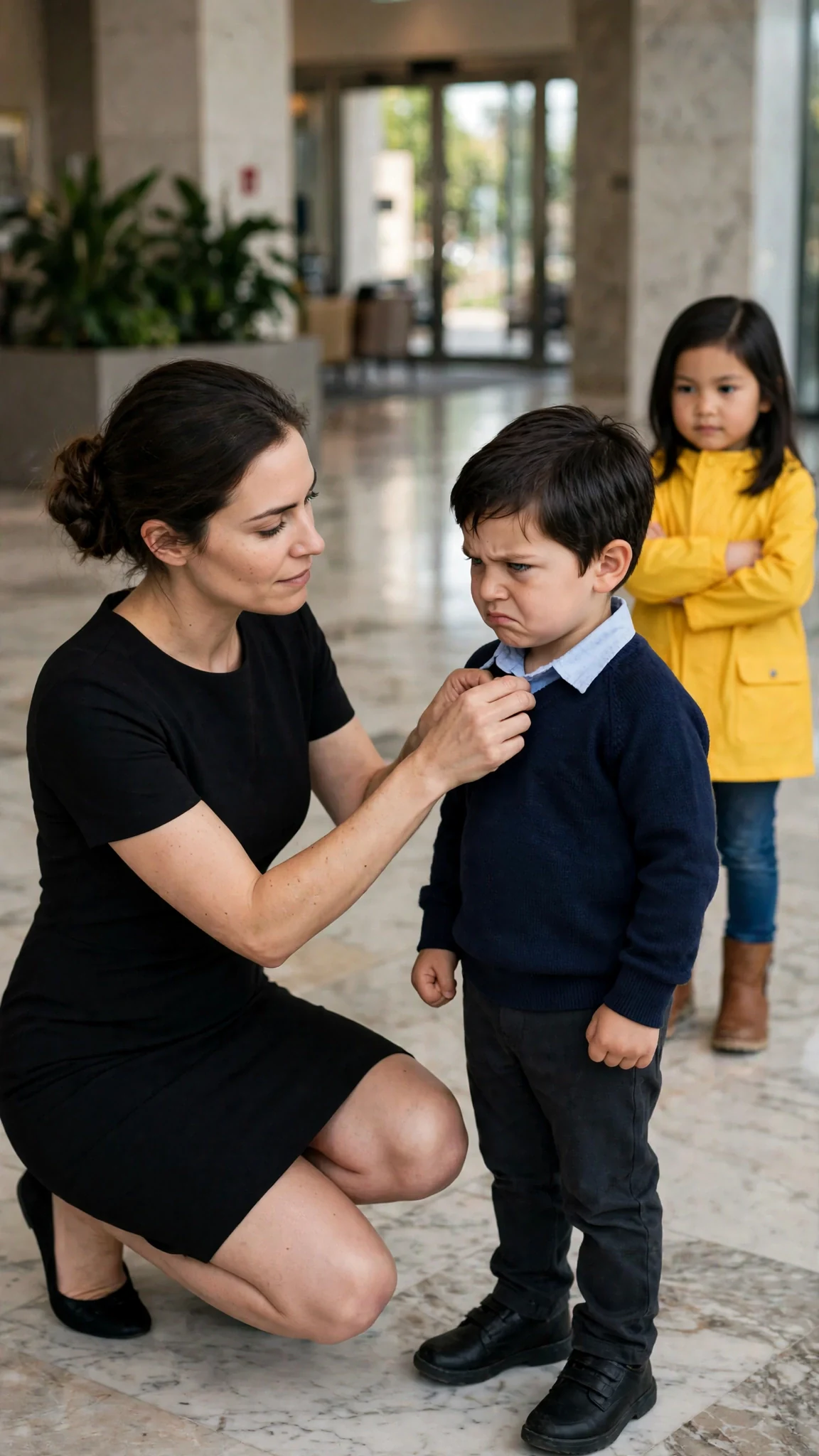 A mother kneels to fix her small son's collar while he scowls up at her.