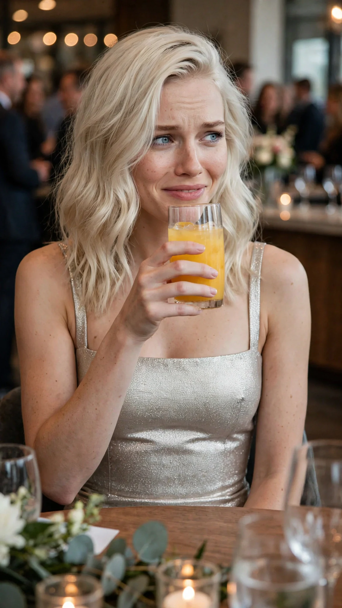 A blonde woman in a designer dress freezes with a glass of juice halfway to her mouth.