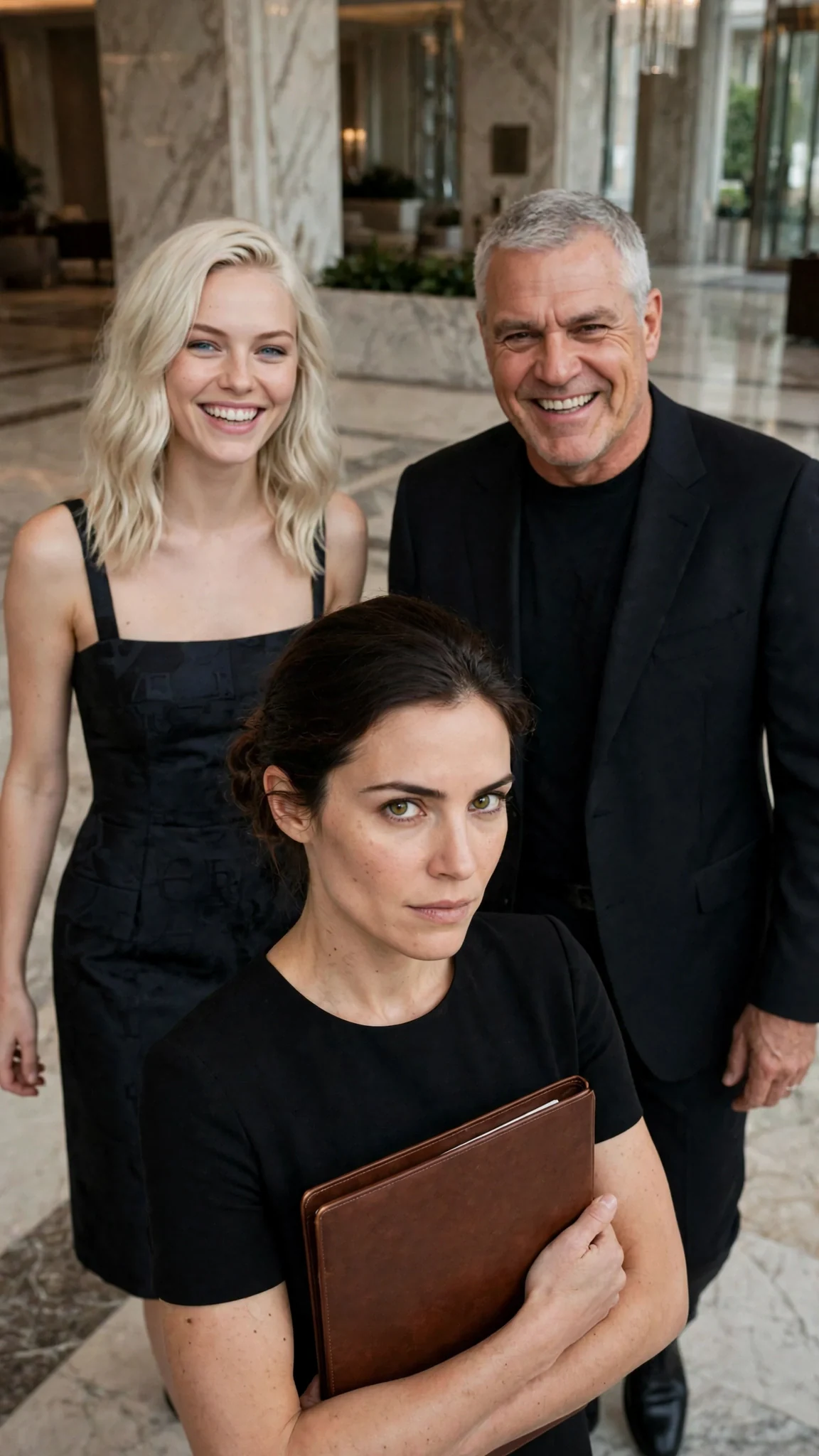 A blonde woman and a broad-shouldered older man cross the lobby toward the woman in black.