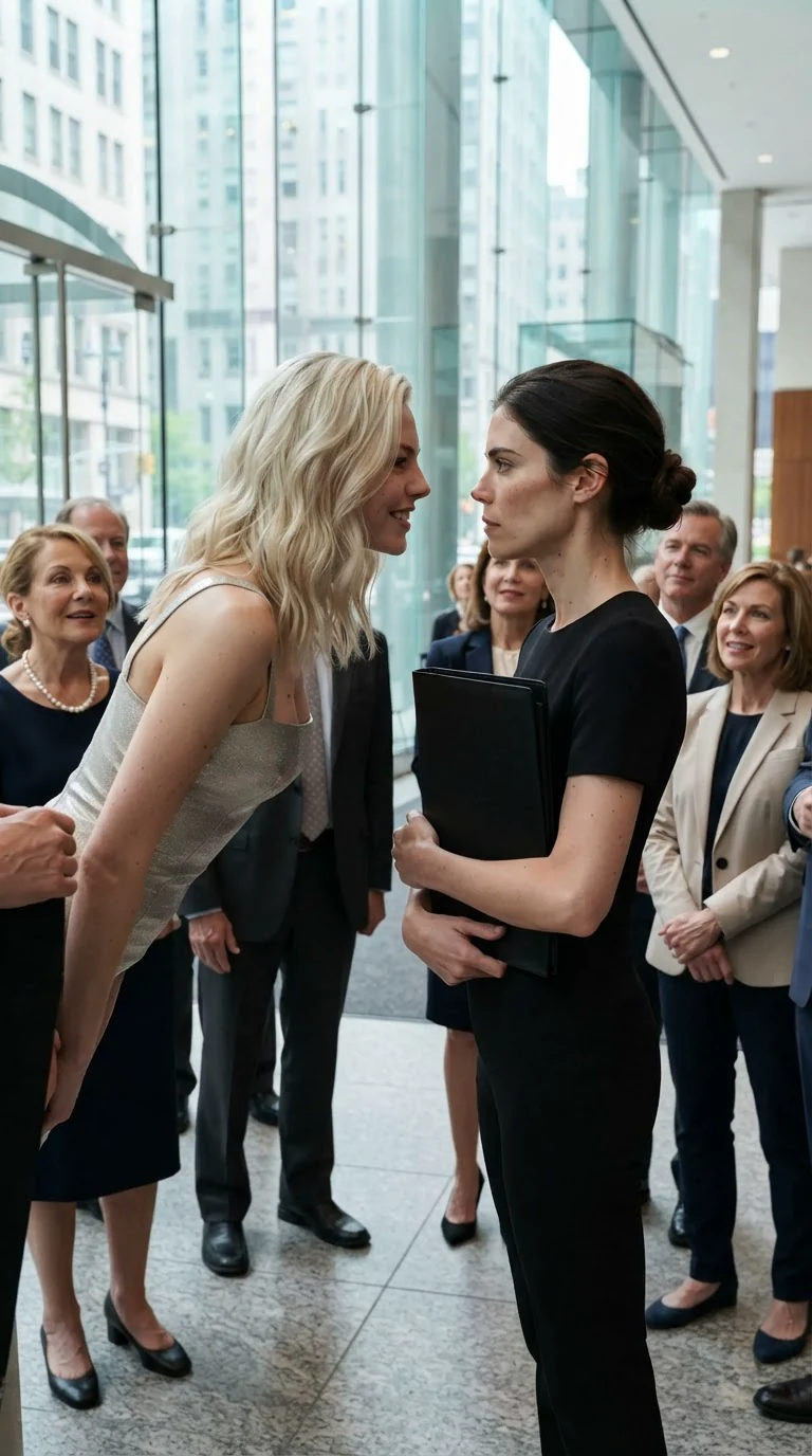 The blonde woman sneers at the woman in black as nearby guests turn to watch.