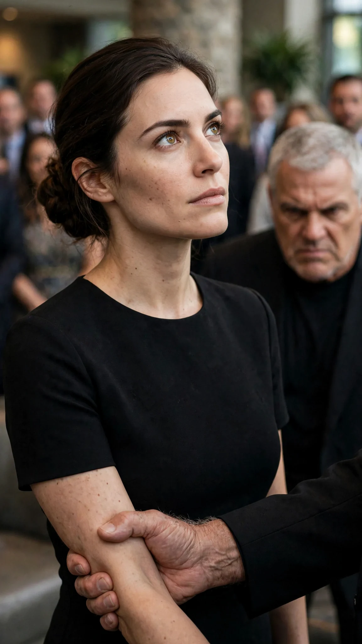 The woman in black looks calmly at the man's hand on her arm and then at his face.