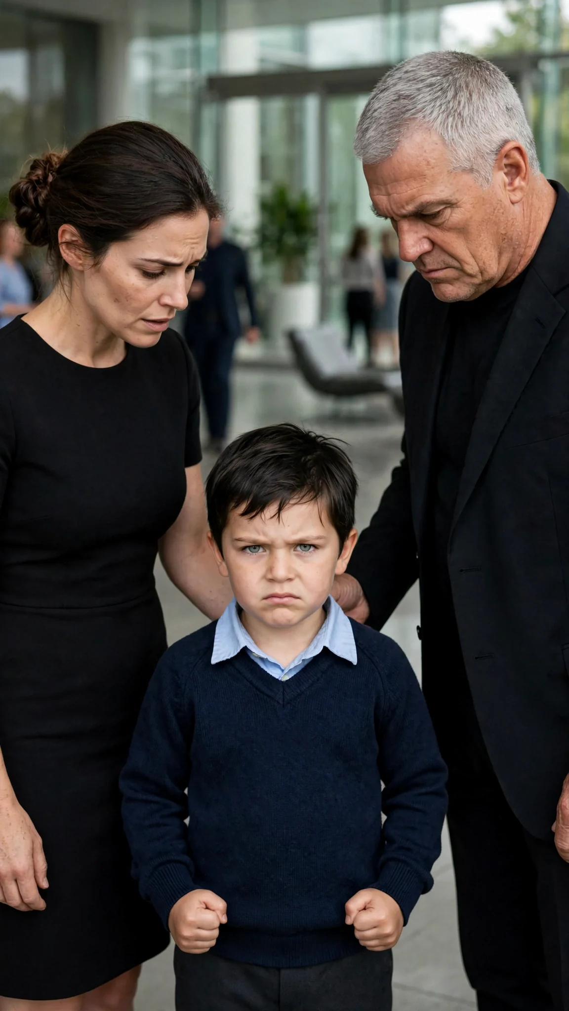 A small boy steps between the man and his mother, chin raised.