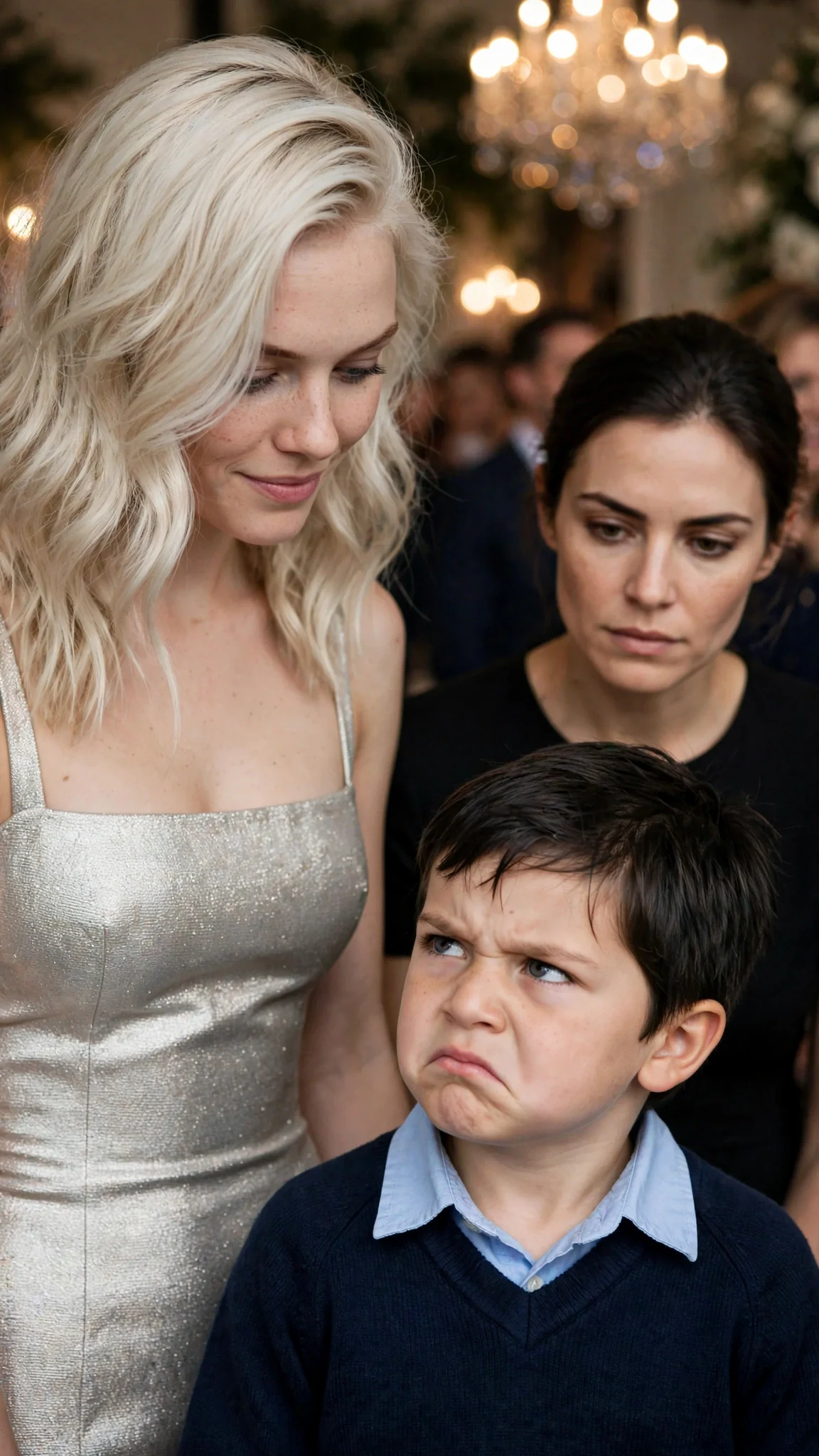 The blonde woman stares down at the frowning boy with hidden fear.