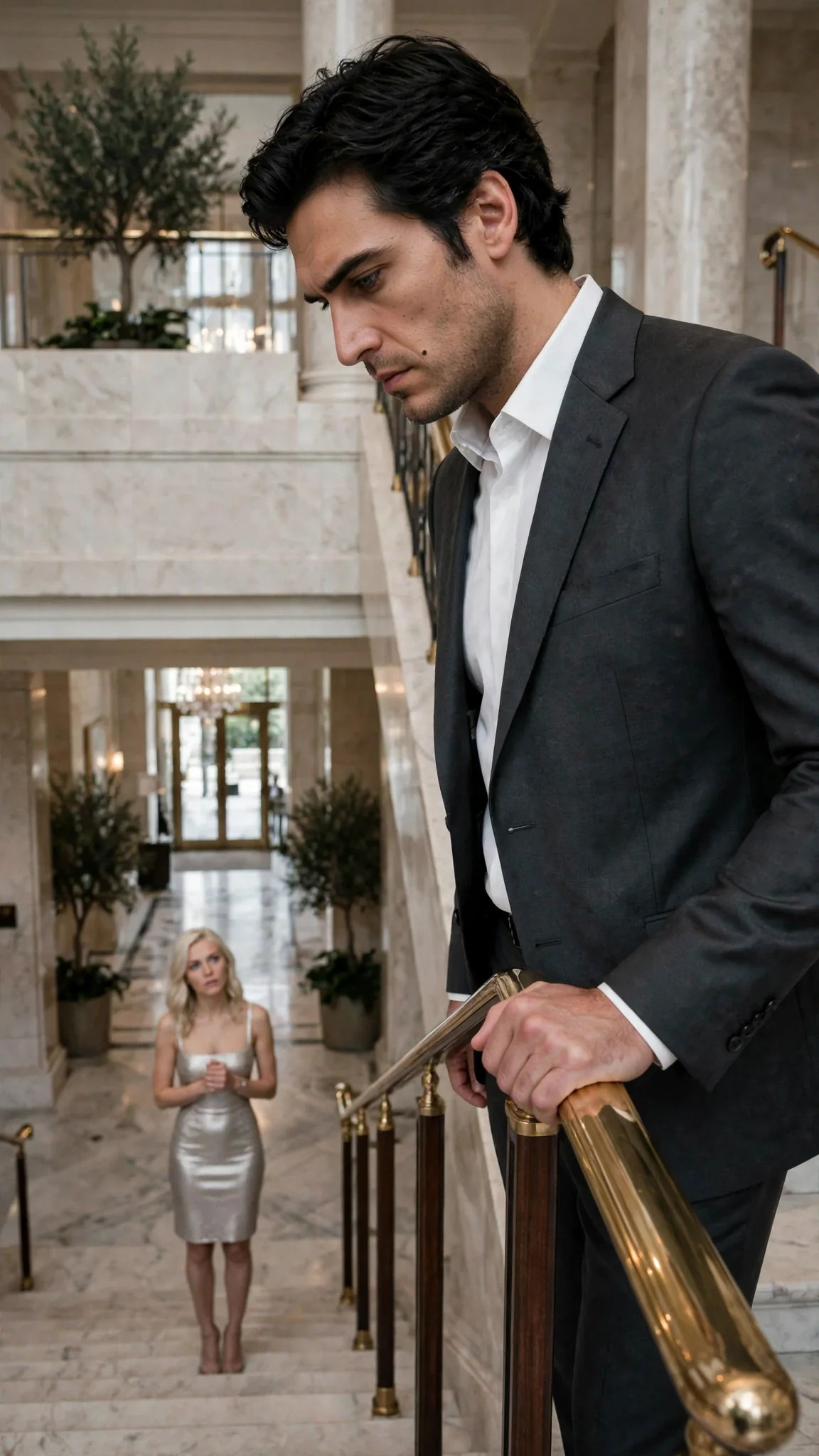 A tall dark-haired man in a charcoal suit stops on a staircase and looks toward the lobby.