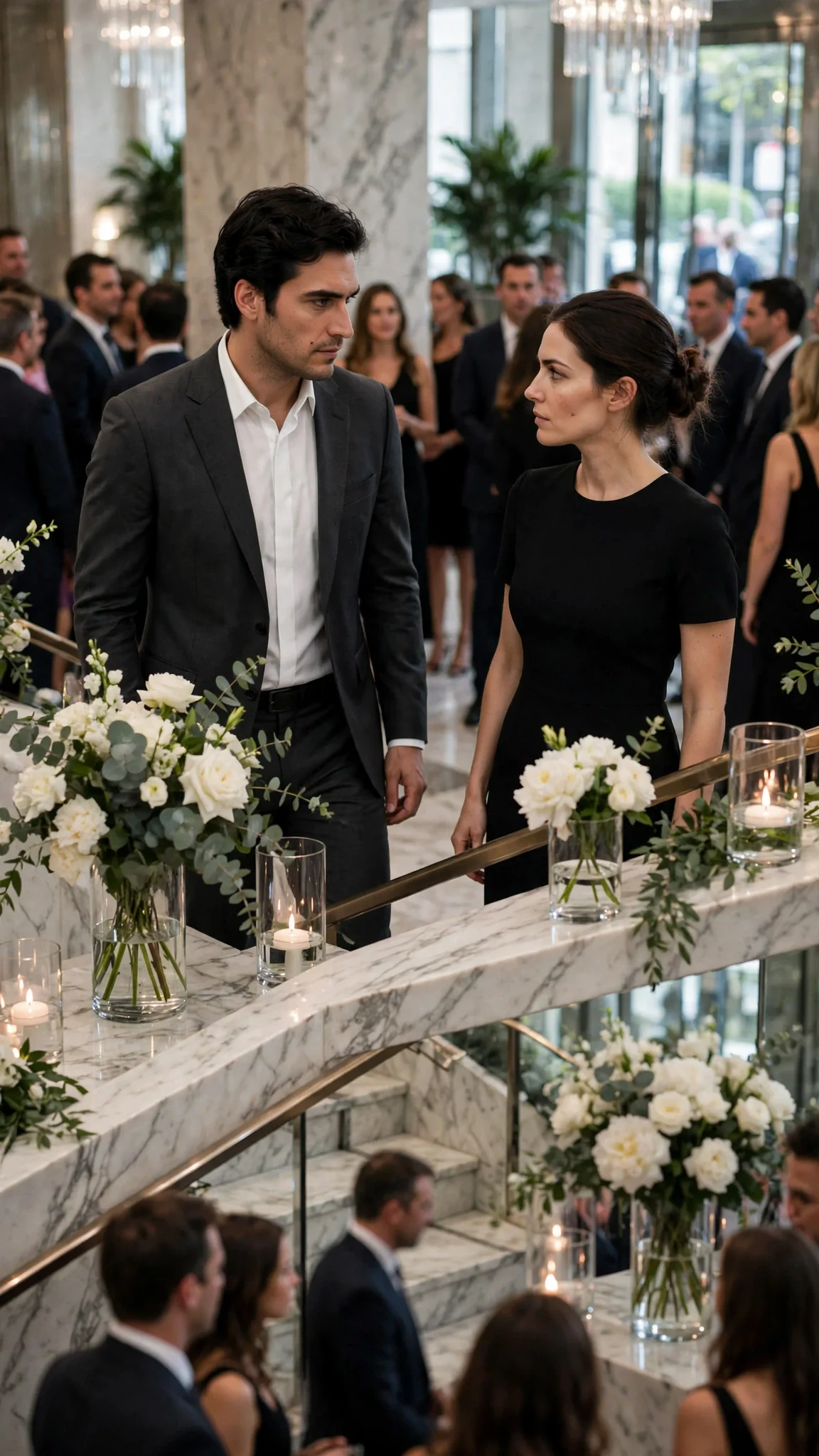 The dark-haired man and the woman in black see each other across the crowded lobby.