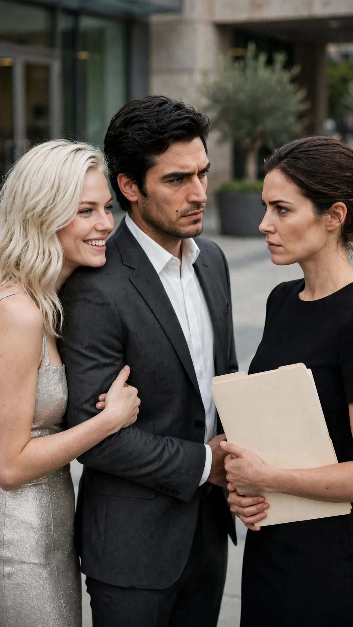 The blonde woman slides her hand through the man's elbow; he does not shake her off.