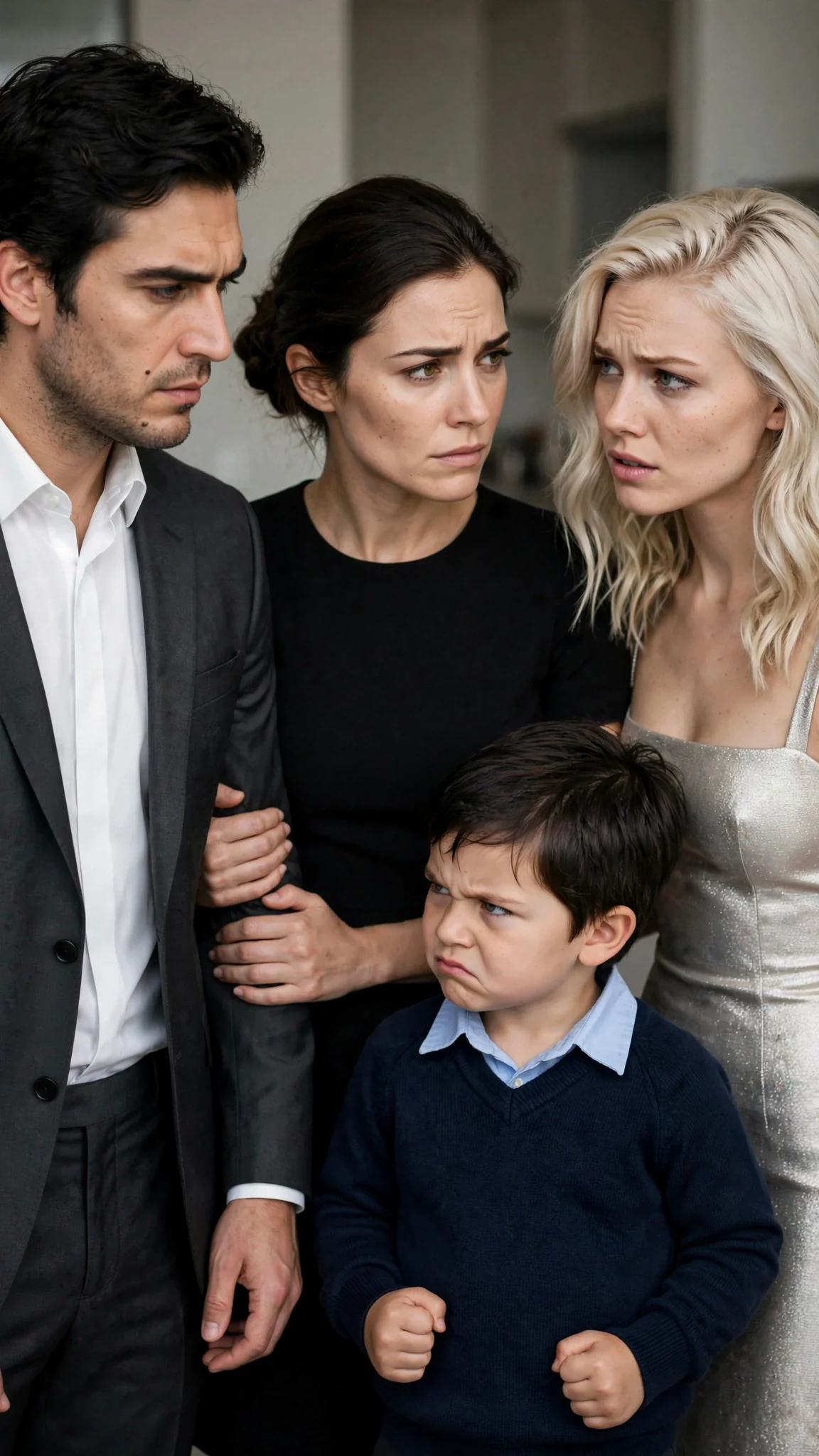 The man looks from the woman's mouth down to the serious gray-eyed boy beside her.
