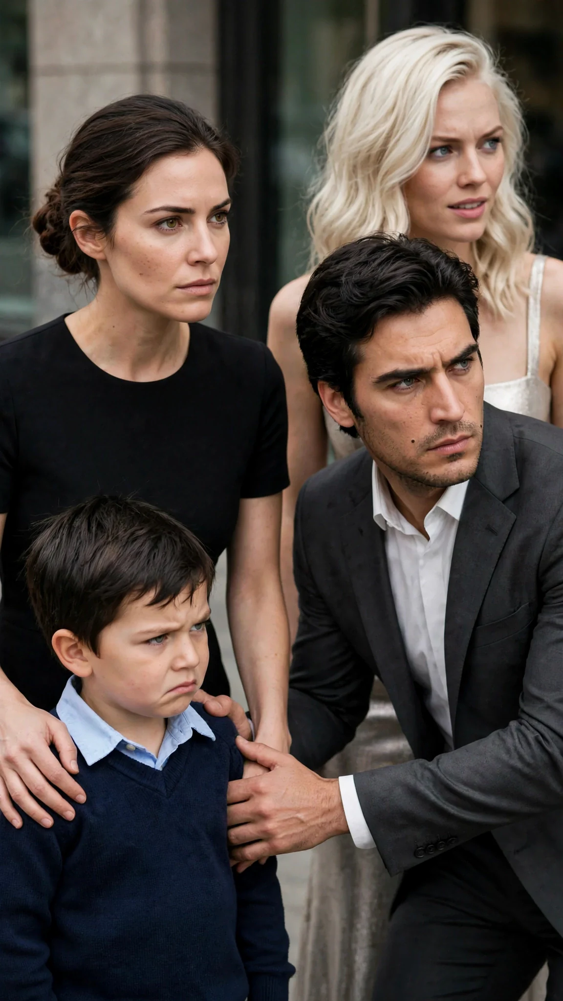 The woman steps back and puts a protective hand on her son's shoulder.