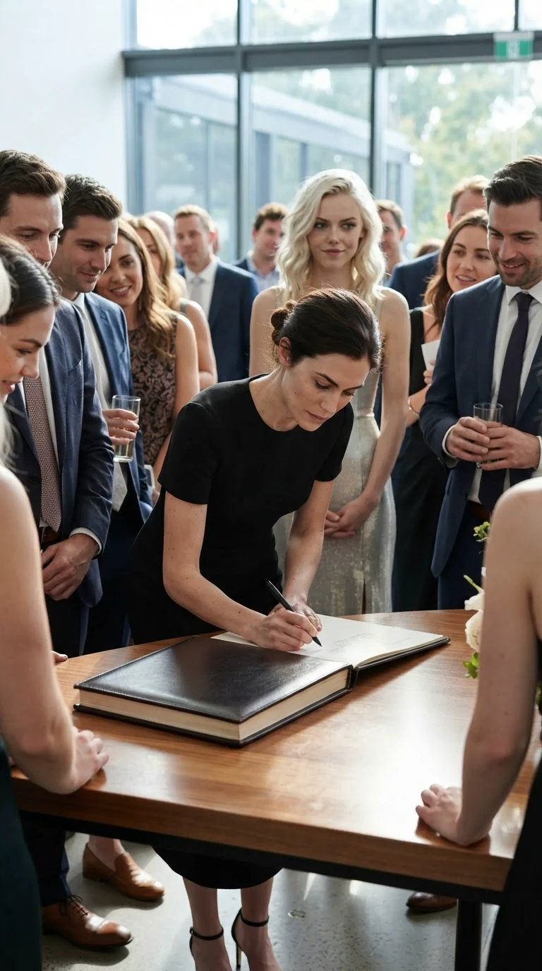 The woman in black signs a large guest book with steady hands.