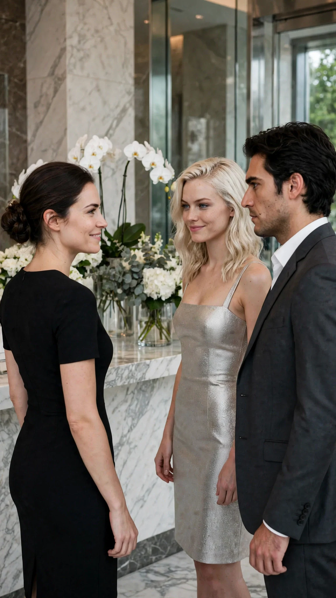 The woman in black smiles sweetly at the blonde woman while the dark-haired man watches.