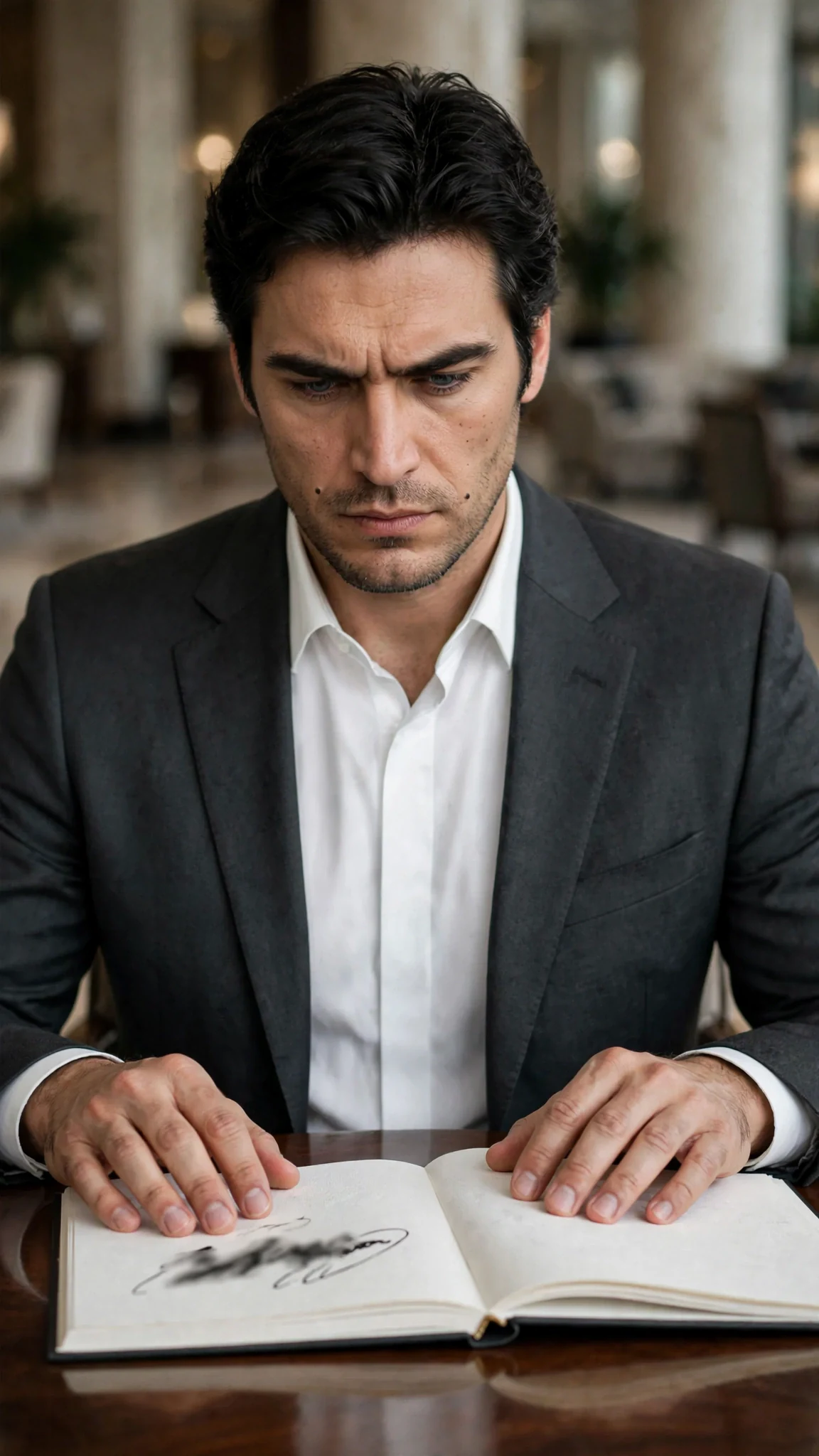 The dark-haired man opens the guest book to the last page and studies the wet signature.
