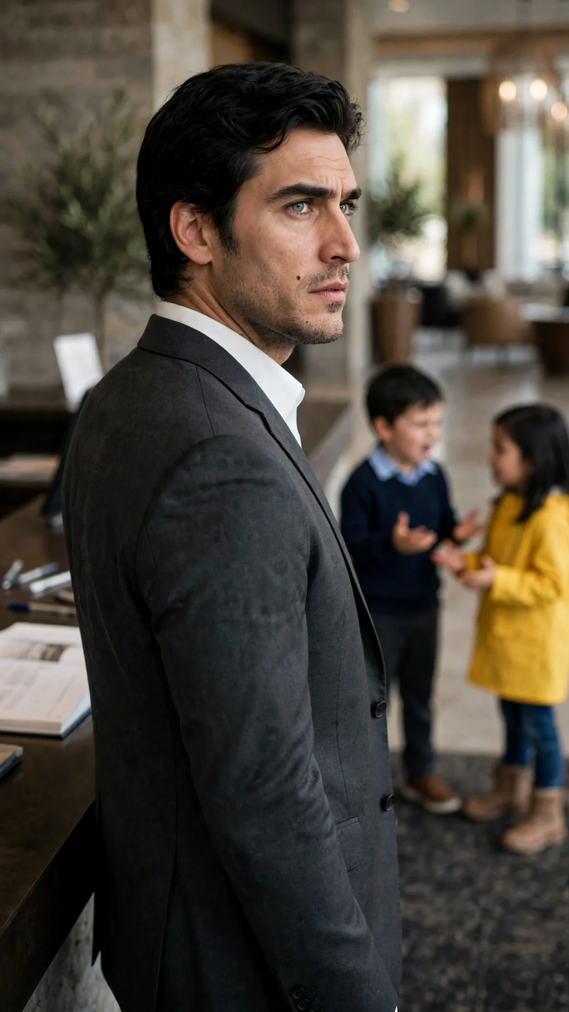 The dark-haired man turns toward a small boy's voice across the lobby.