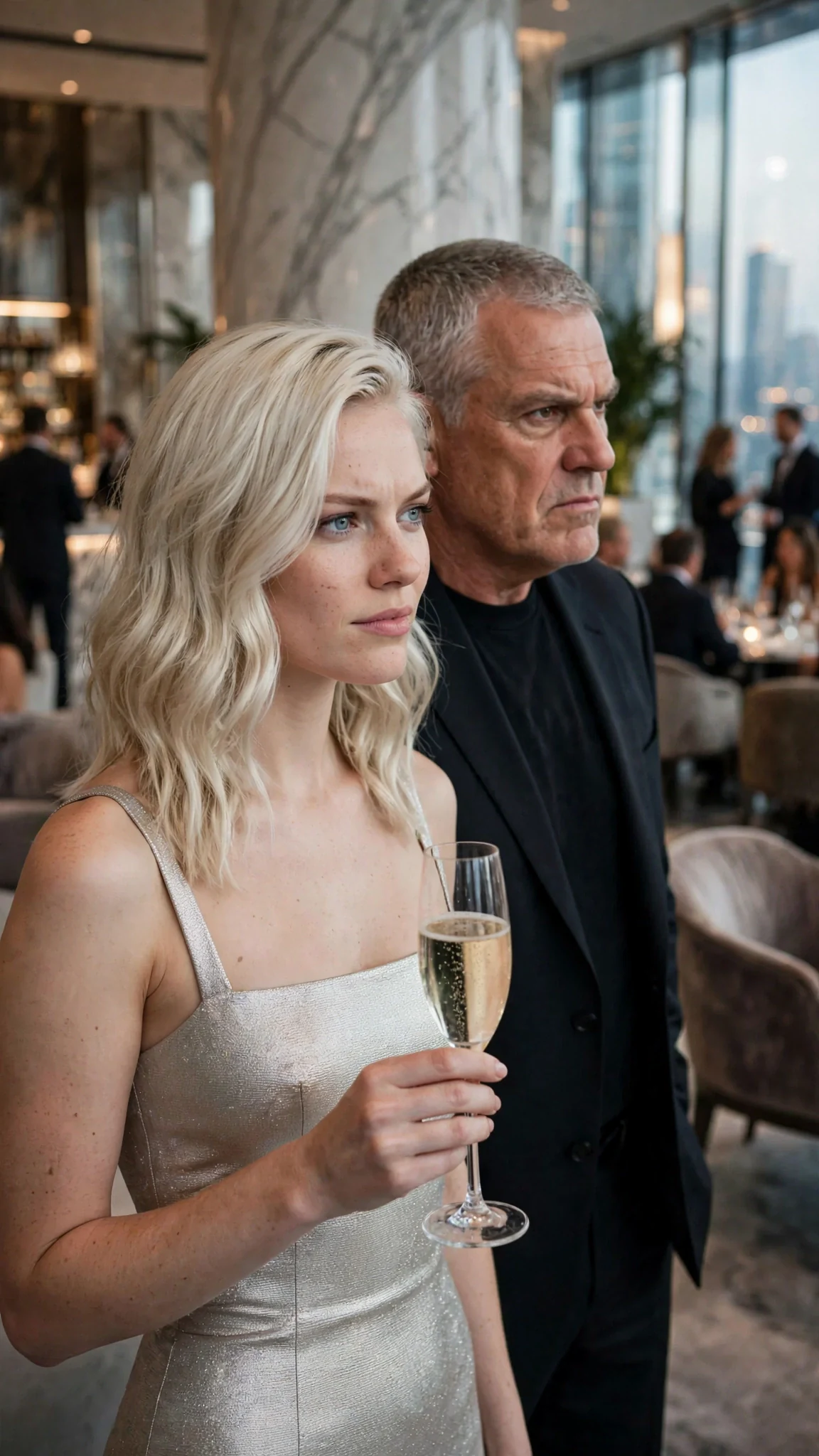 Roselle in a designer dress scans the summit lounge with a champagne flute while Arlo stands at her shoulder.