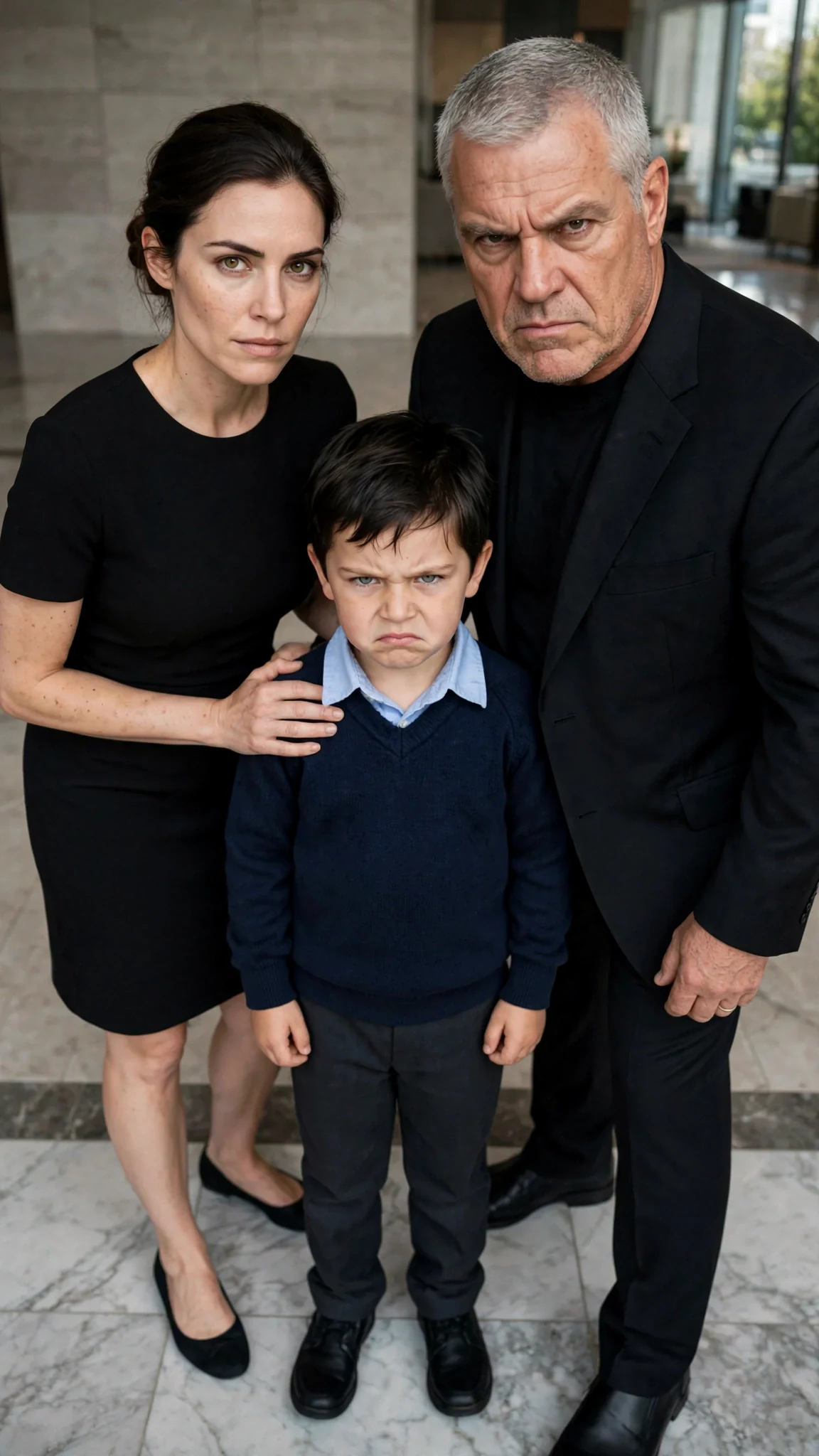 Six-year-old Remy plants himself between Arlo and his mother, frowning up at the man.