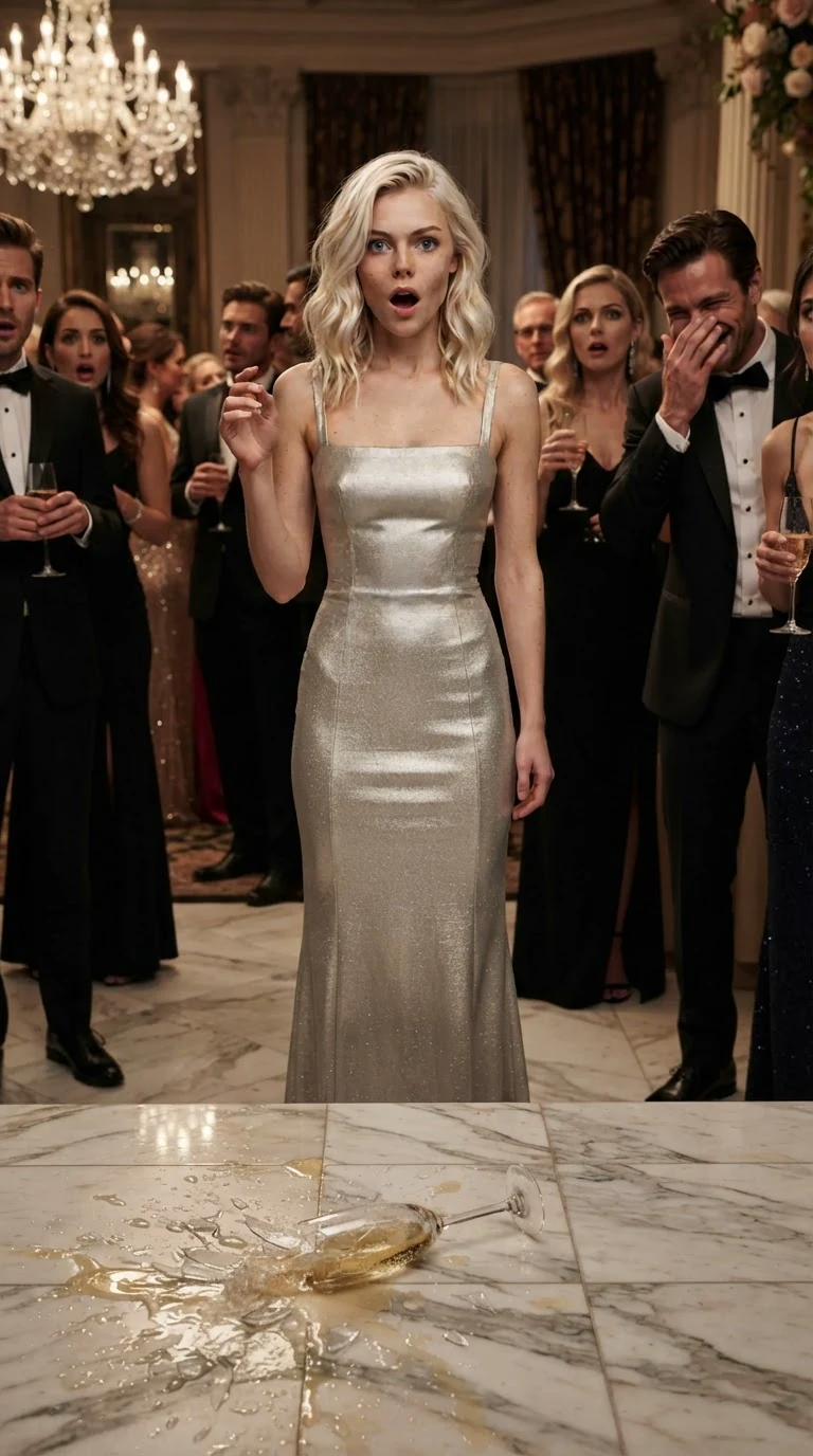 Roselle's champagne flute shatters on the marble as startled guests turn to look.