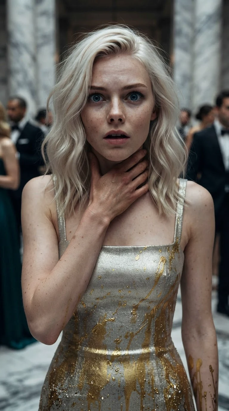 Roselle presses a hand to her throat, cold panic on her face as the crowd blurs behind her.