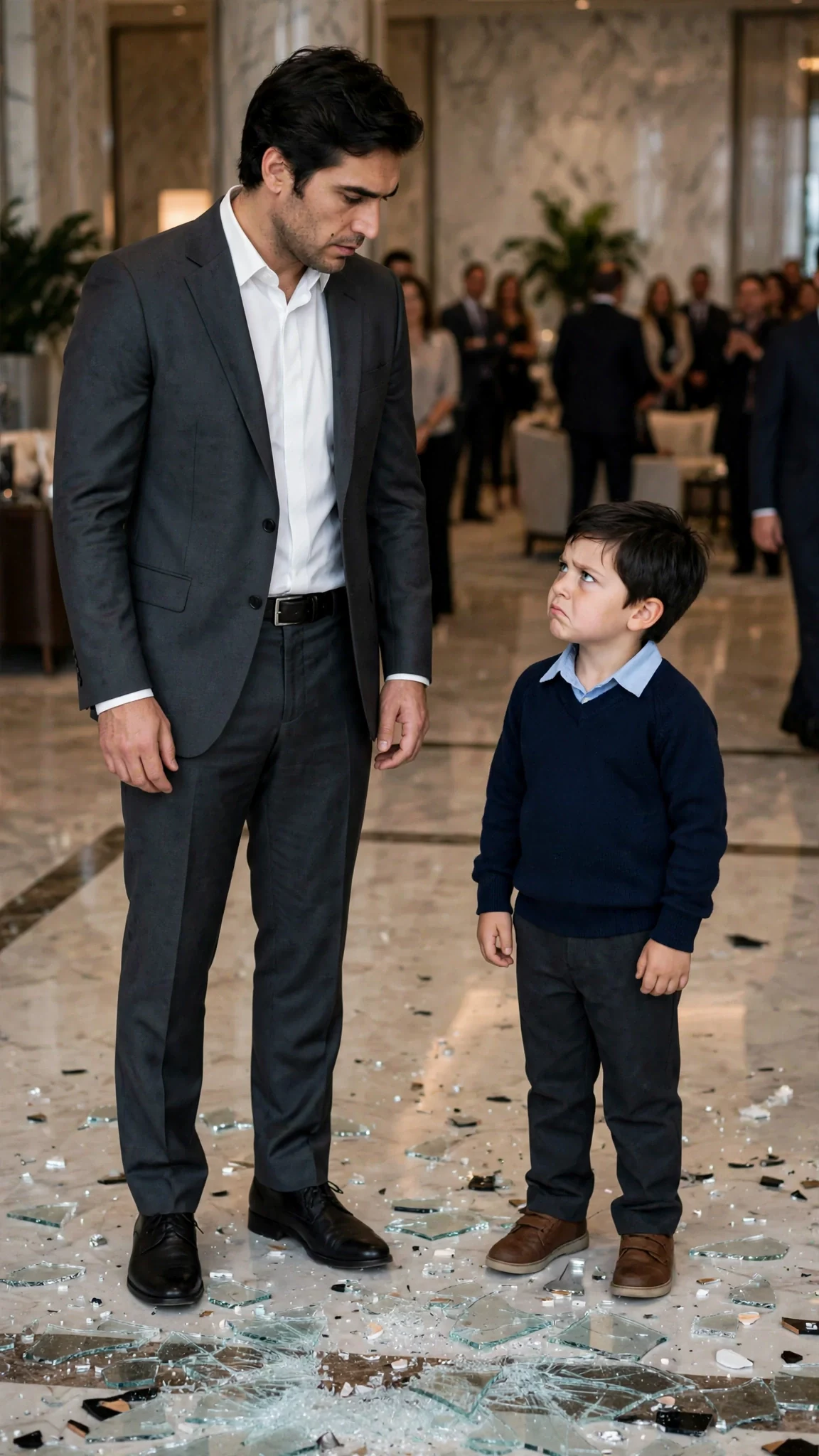 Evren Sarre steps into the lounge in a charcoal suit, looking at the broken glass and then at Remy.