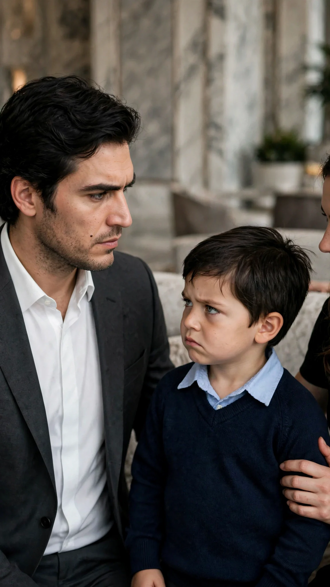 Evren and Remy look directly at each other, the man tall and still, the boy serious and unblinking.