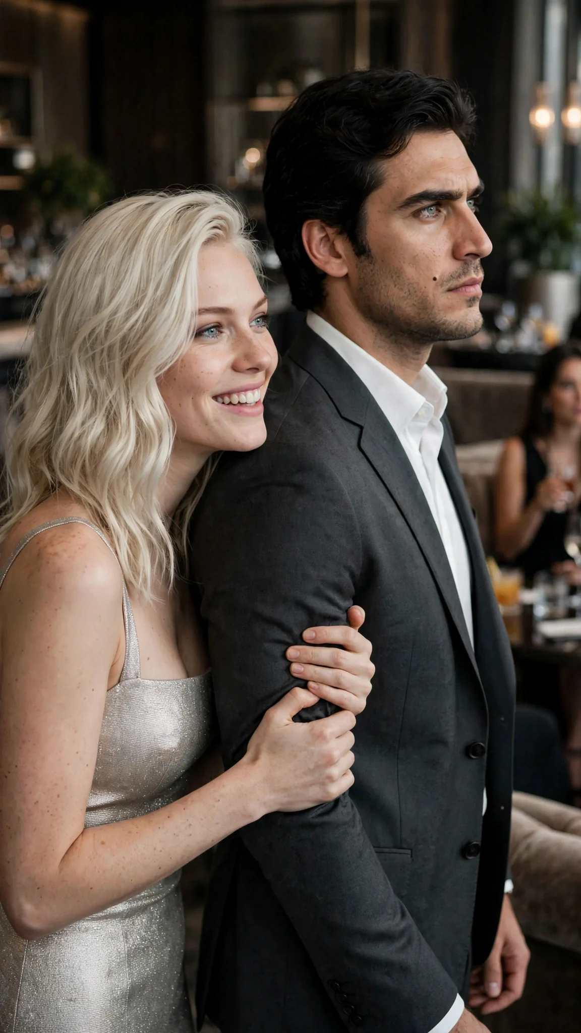 Roselle slides her hand through Evren's elbow while his gaze stays fixed on Brenna.