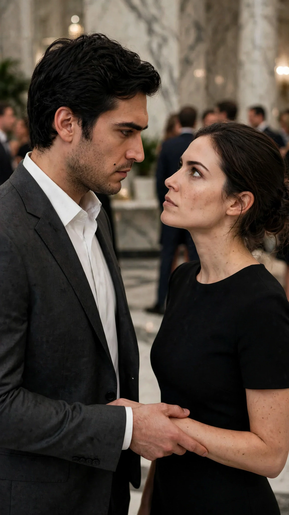 Evren steps closer to Brenna, his sleeve brushing her wrist, both faces charged.