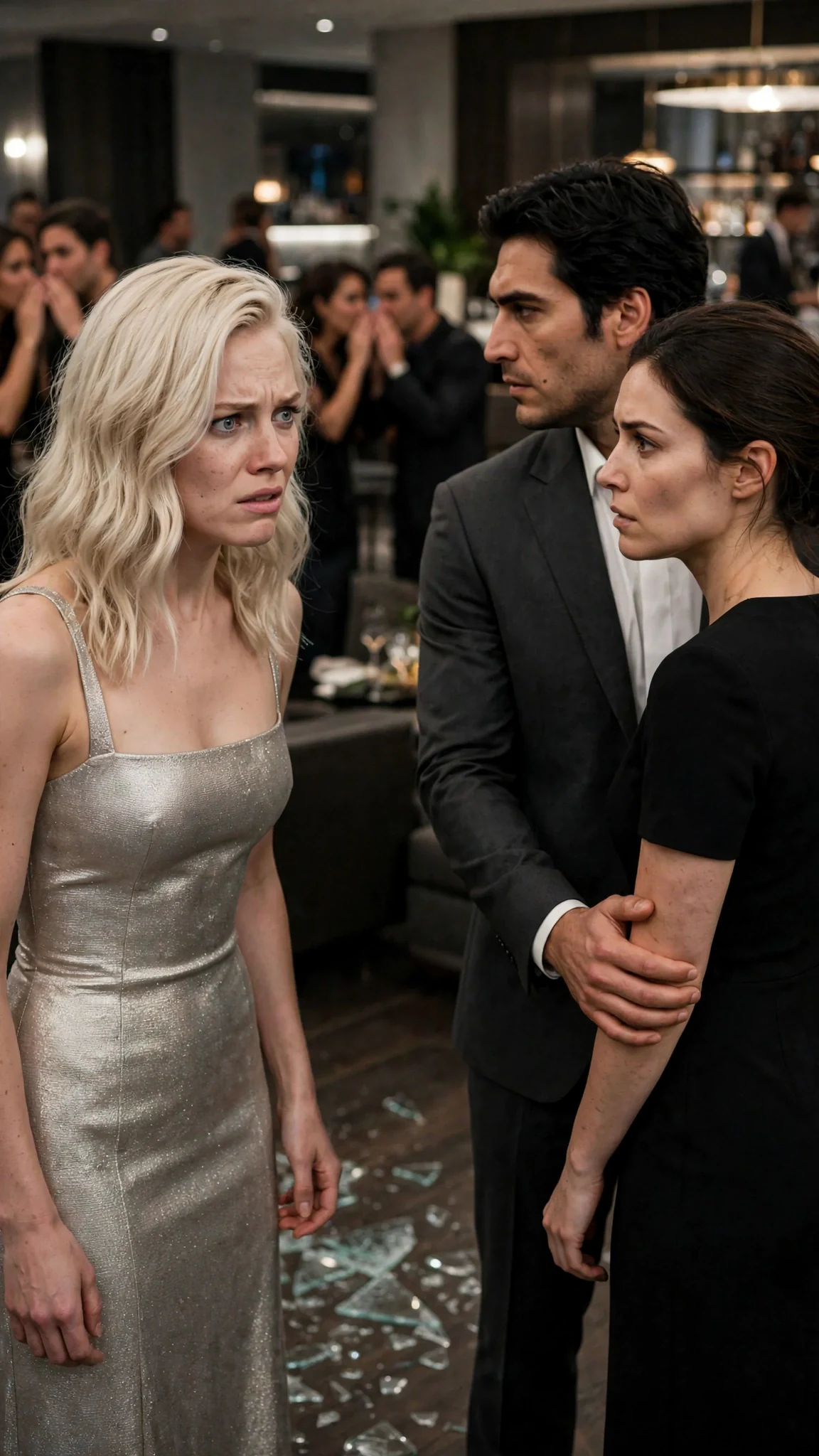 Roselle watches with shaking hands as Evren holds another woman's arm in front of the summit crowd.