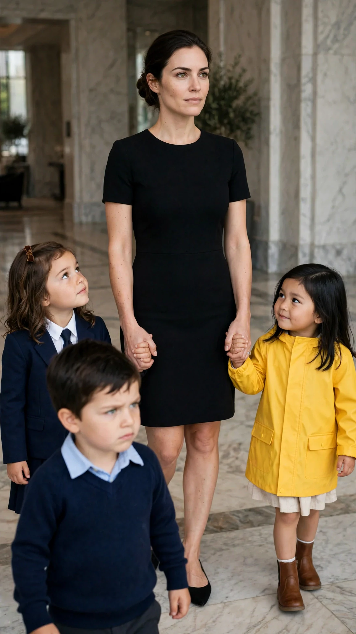 Brenna pulls free and gathers her three children, Remy walking in front like a guard.