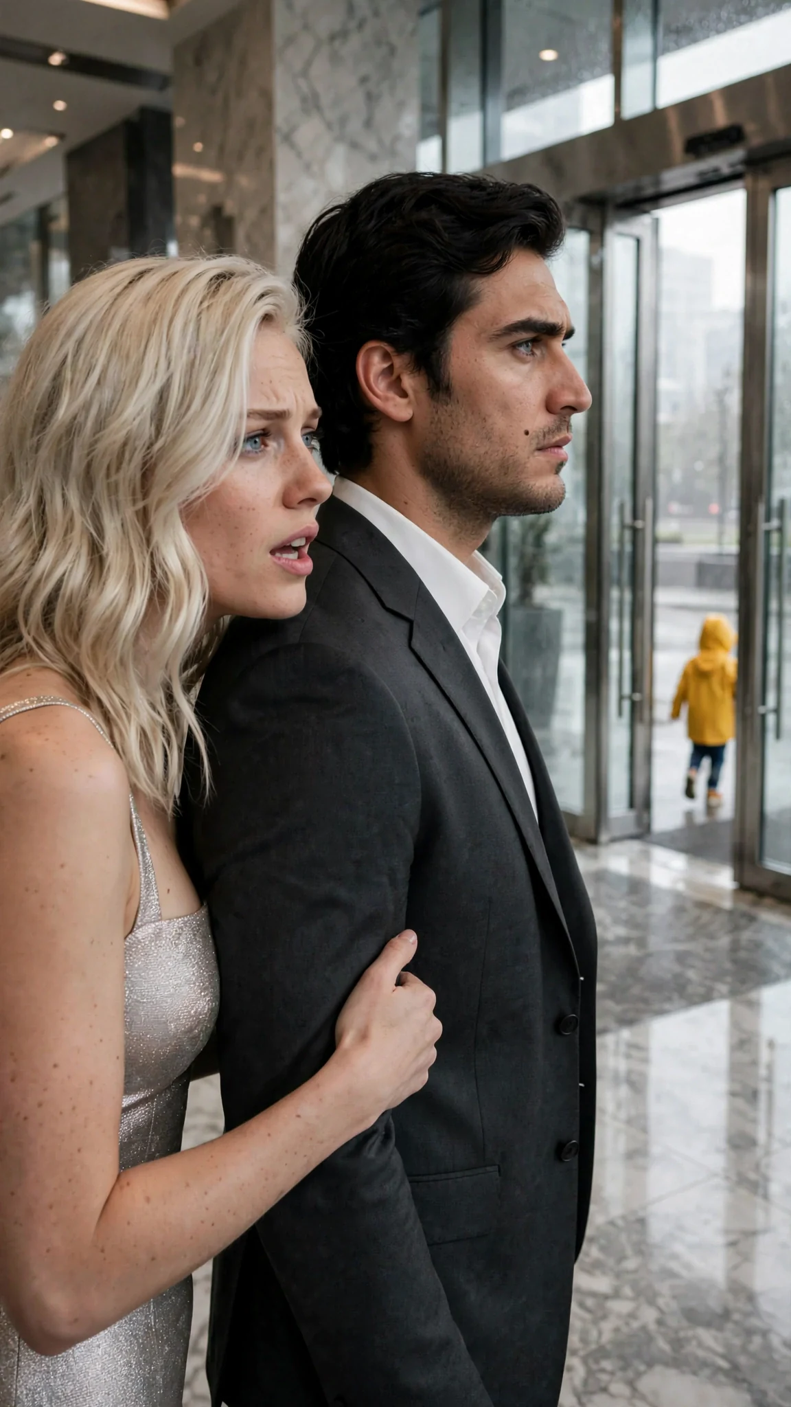 Evren watches the glass doors close behind a yellow raincoat while Roselle speaks at his arm.