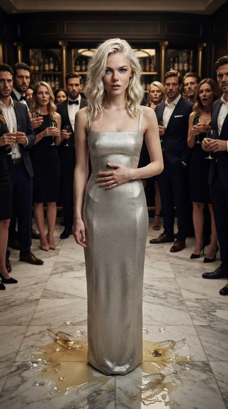Roselle stands alone in the broken glass, her breath short and her face afraid.