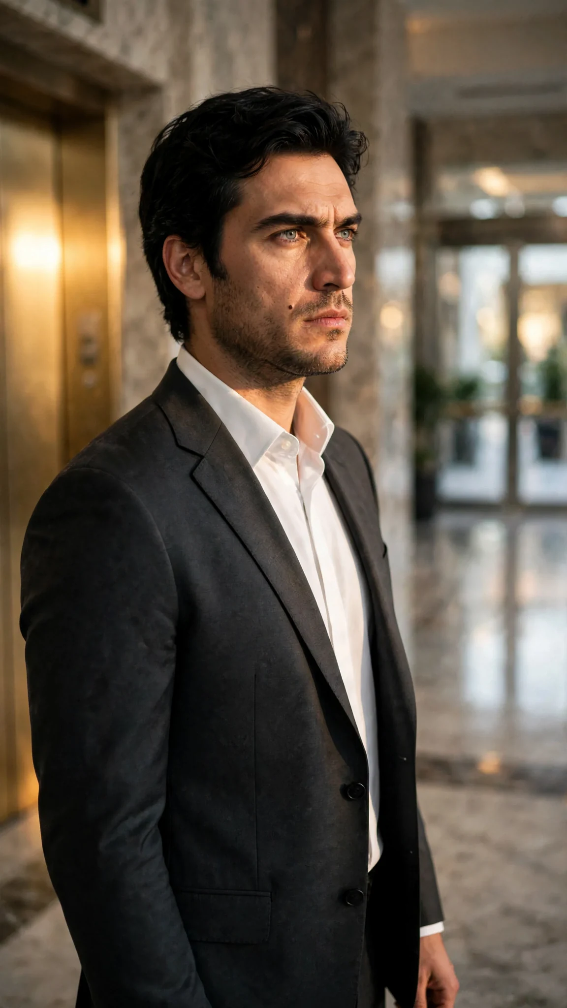 Evren stops at the elevator and looks back at the empty glass doors, his jaw tight.
