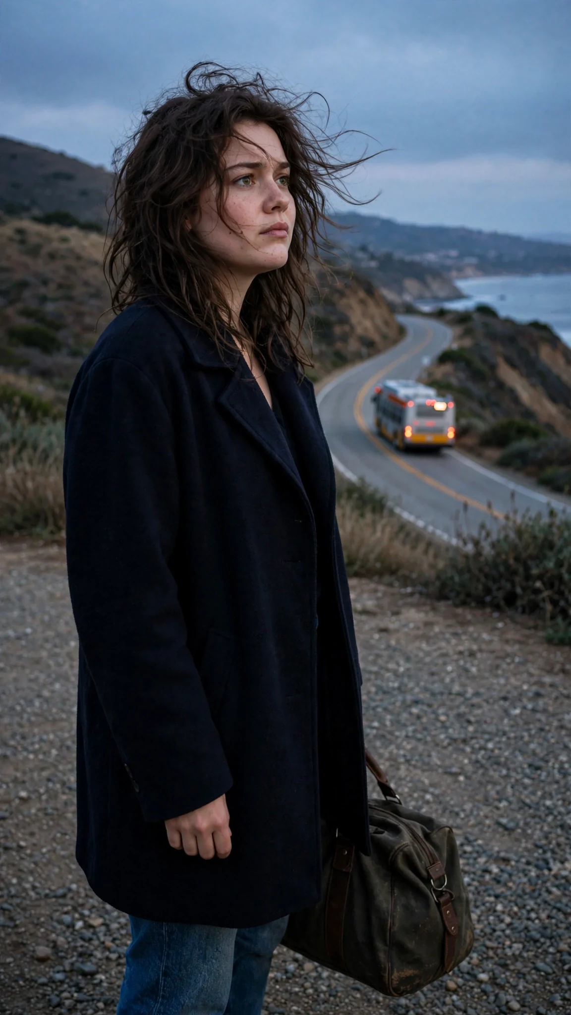 A young woman with a duffel bag stands alone on a gravel drive as a bus pulls away below.