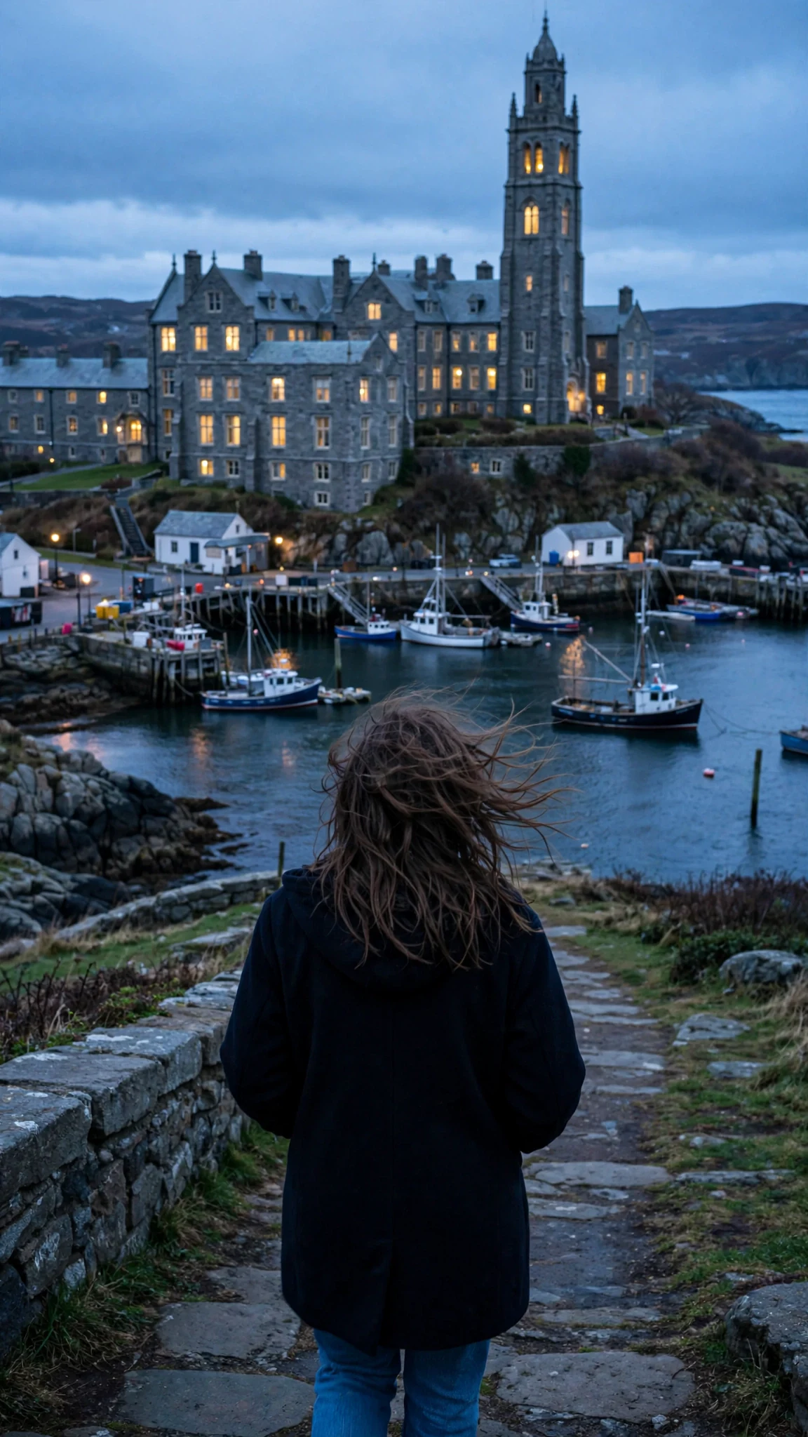 A stern gray stone college with a bell tower rises above a small fishing harbor.