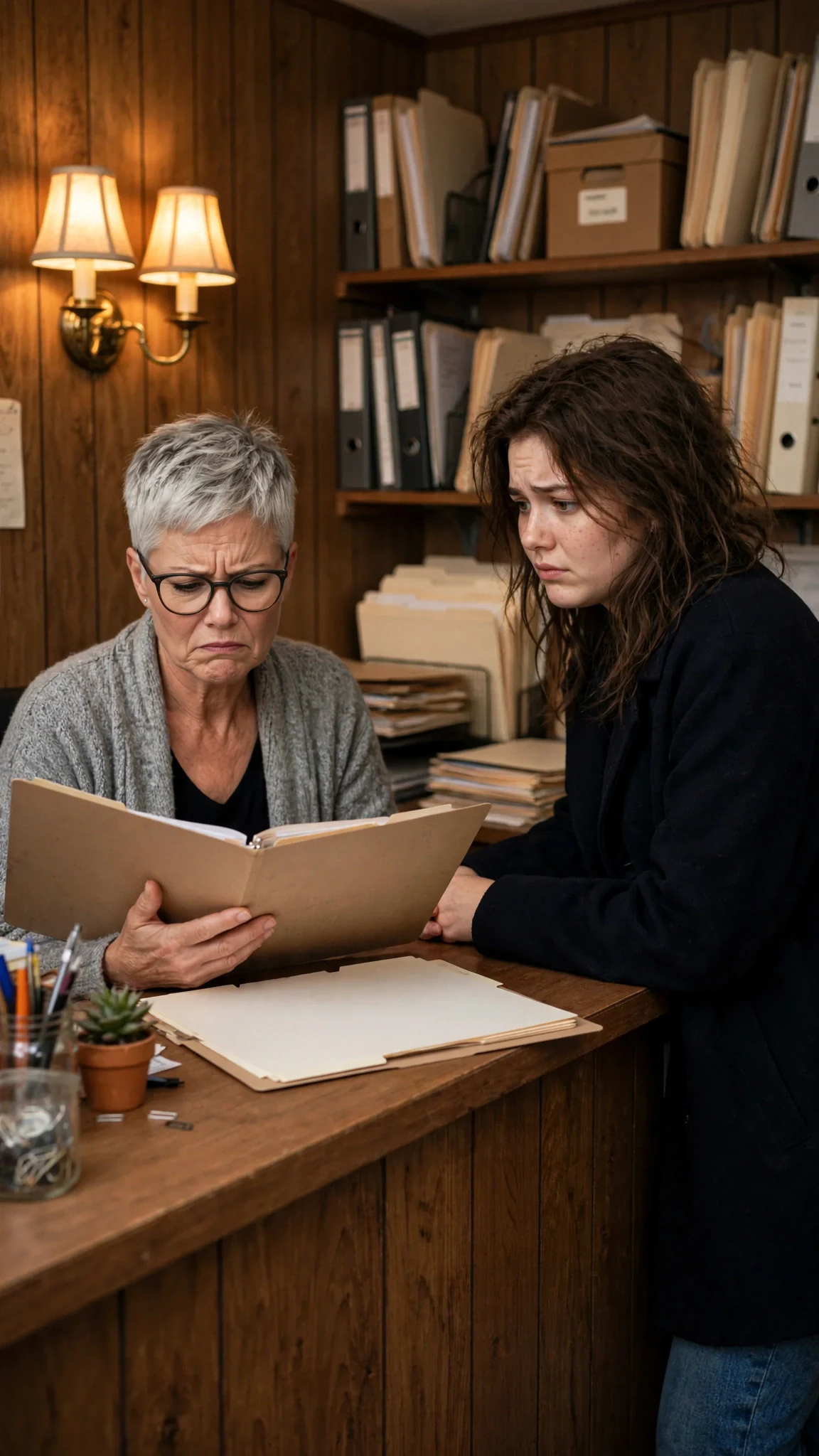 A woman in her fifties behind a desk frowns at a folder while a young woman waits.