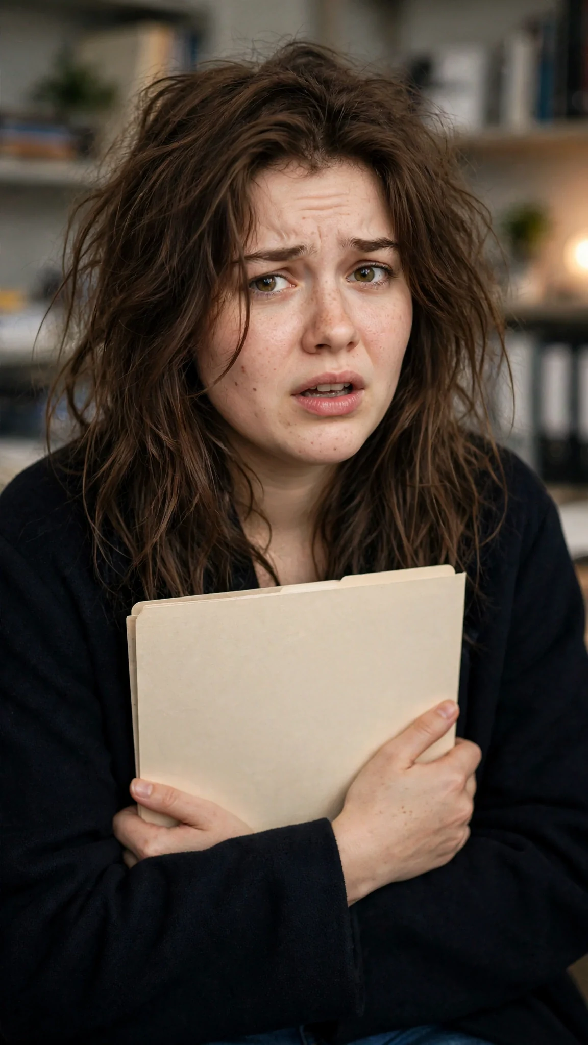 Close on a young woman's confused face as she holds a thin student folder against her chest.