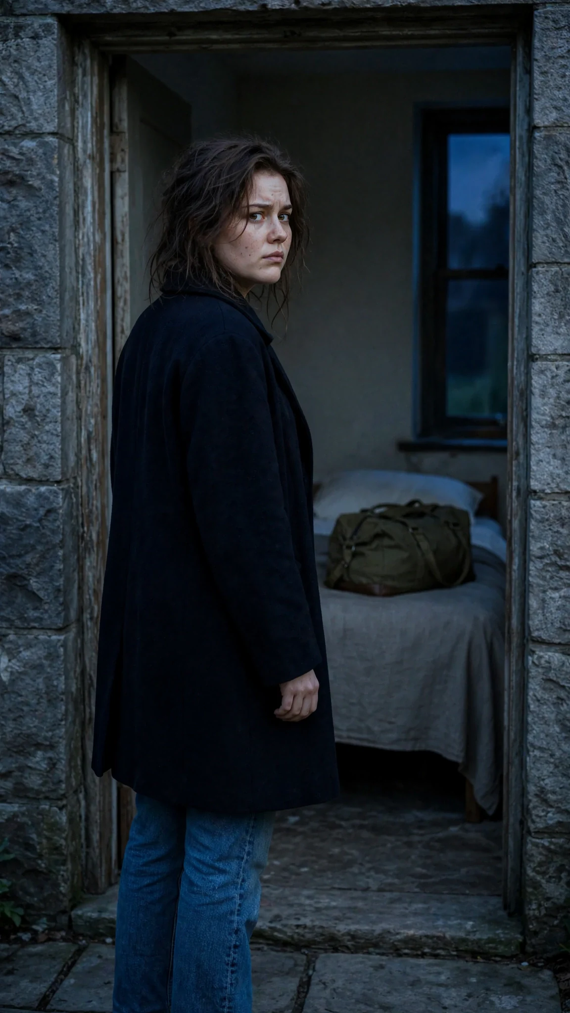 A young woman stands in an empty dorm room doorway with her bags on the bed behind her.