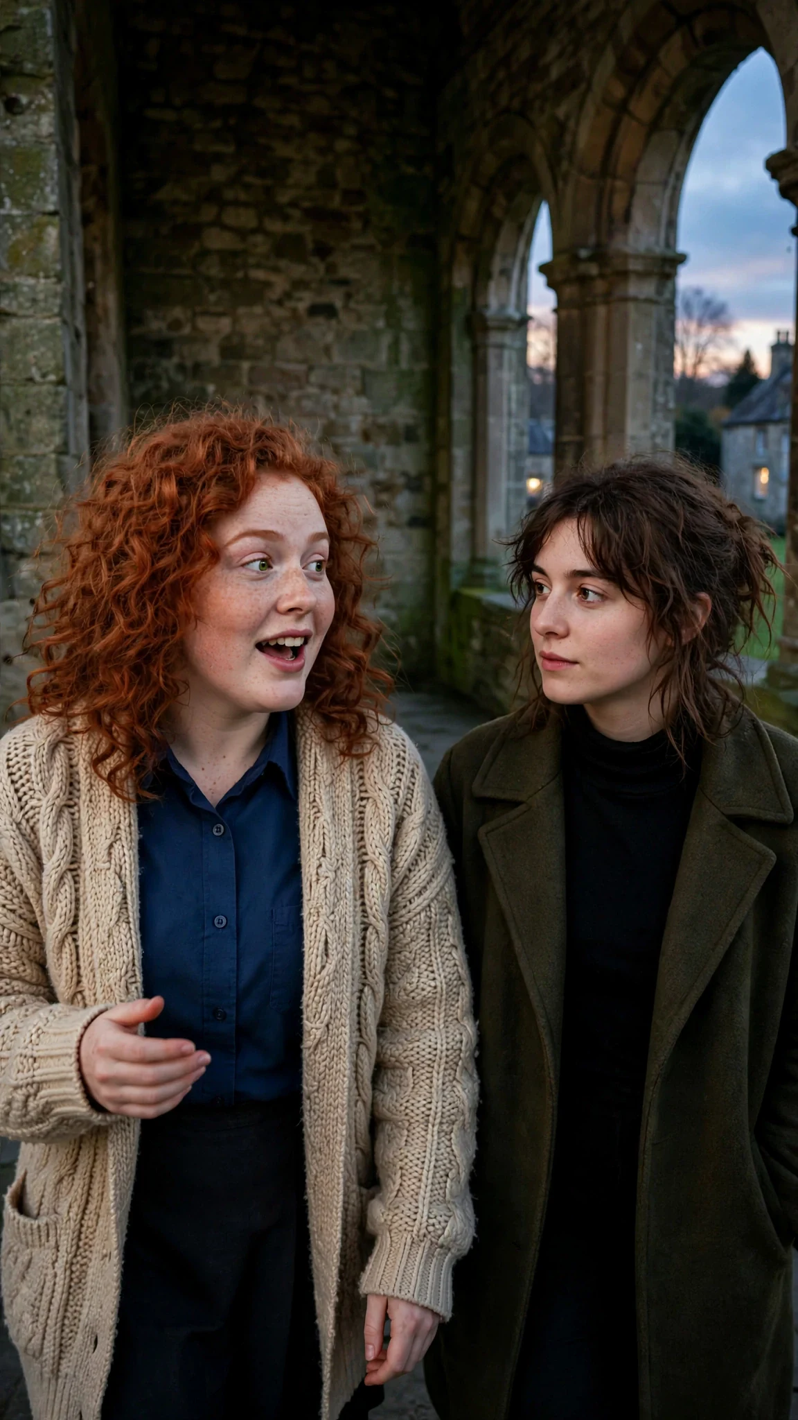 A red-haired student in a chunky cardigan walks beside the newcomer down an arched stone corridor.
