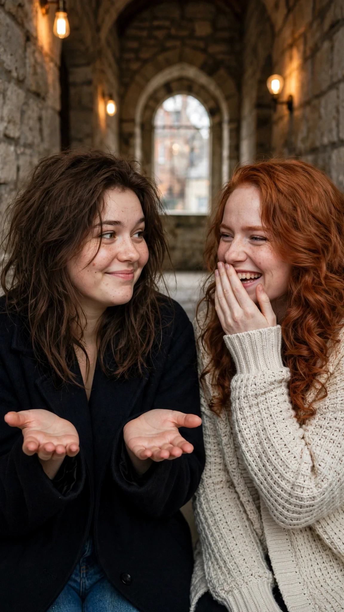Two students stop in the corridor, one shrugging with open hands, the other laughing.