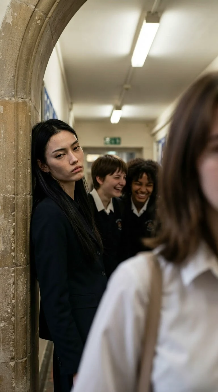 A tall student with long black hair sneers in a corridor while two others laugh behind her.