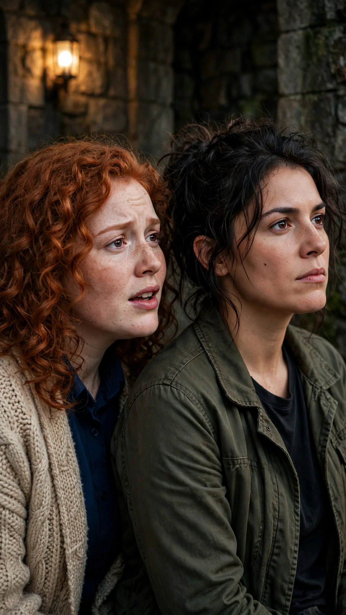 A red-haired student leans close to whisper, worried, while the newcomer's jaw tightens.