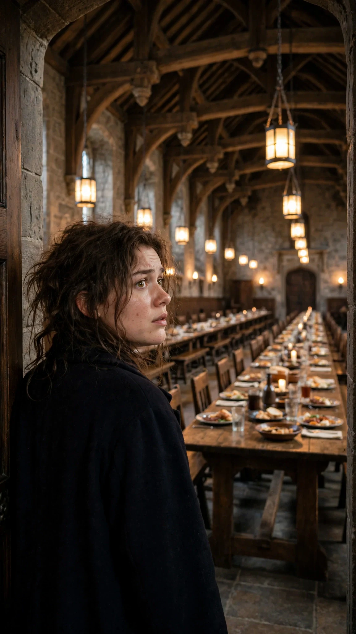 The dining hall doors open onto long tables crowded with students under warm lights.