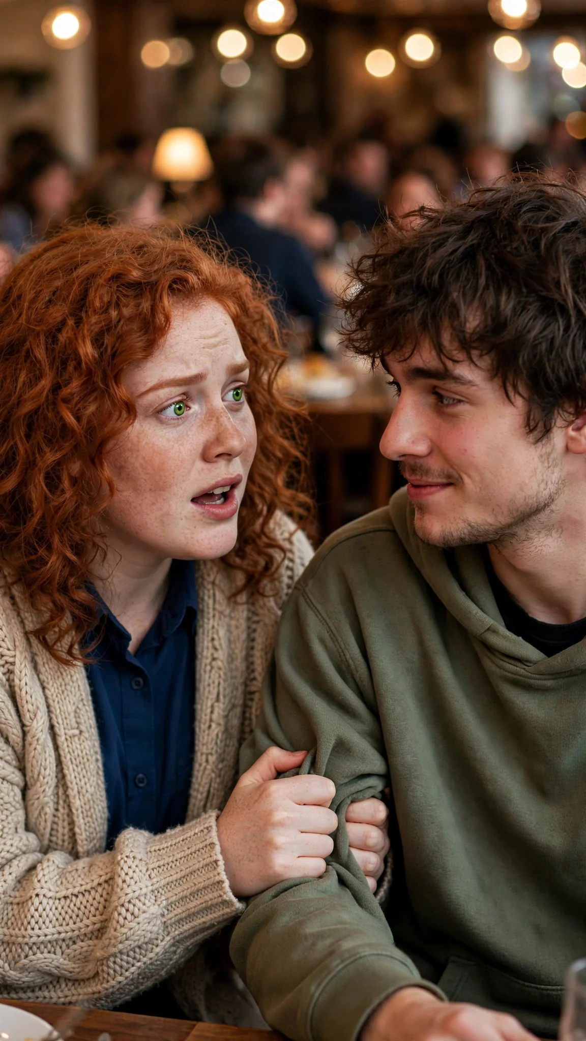 A red-haired student grips the newcomer's sleeve, warning her, as the crowded hall stretches behind.
