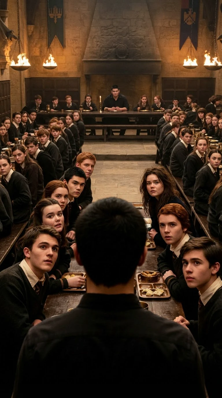 A wide view of the dining hall where one back table is surrounded by an empty ring of floor.